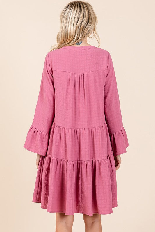 Tiered Notched Flare Sleeve Dress – Fluttering, Playful and Stylish Dress with Ruffled Layers and Trendy Flare Sleeves Stevvex