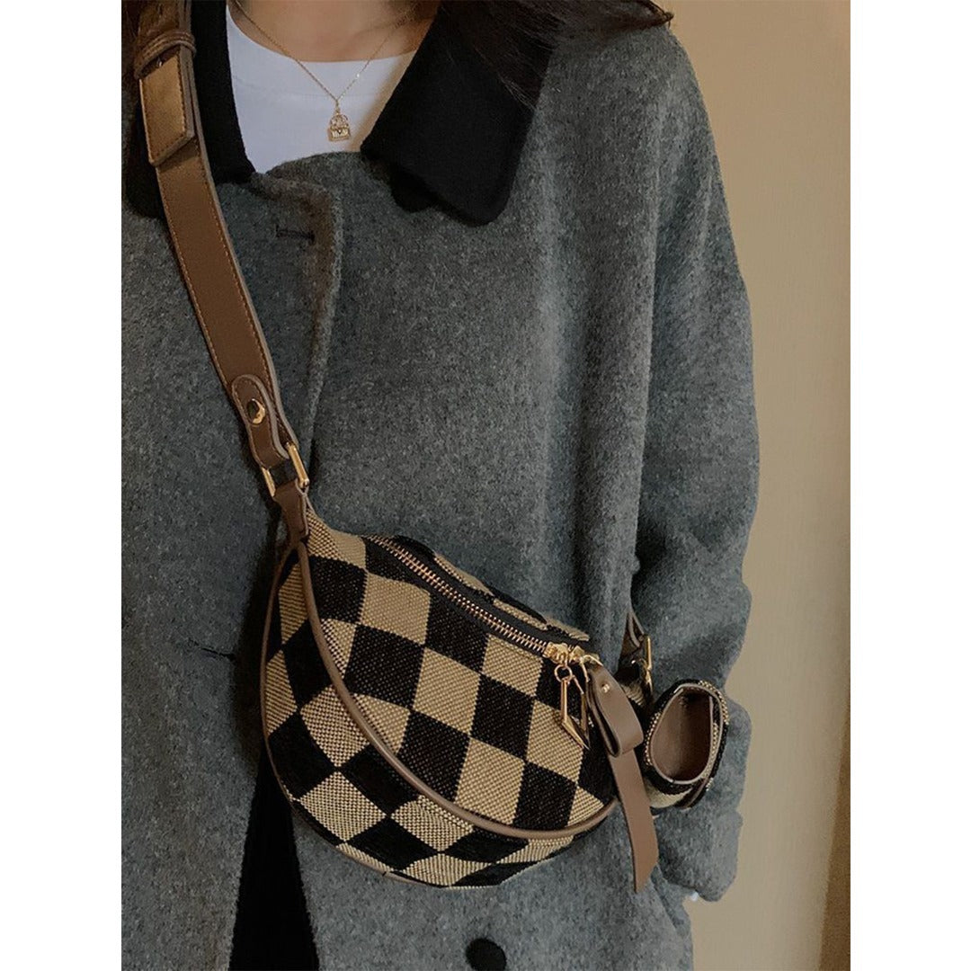 Small Crossbody Bag – Versatile Commute with Checkerboard Canvas, Compact Earphone Bag, Stylish 2-in-1 Chest Bag & Fanny Pack for Everyday Use - SJB-DIAMOND ELITES