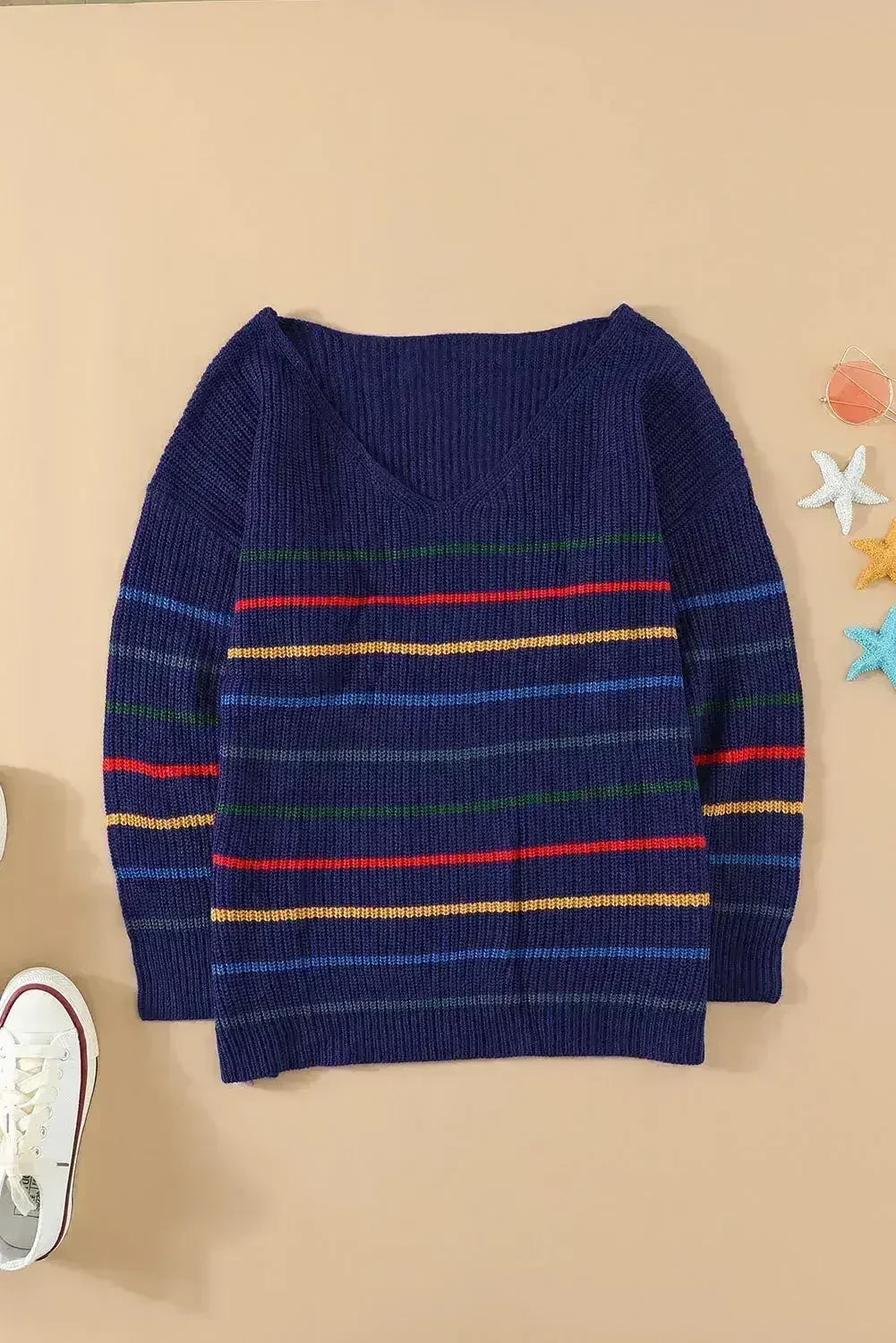 Blue Striped Loose Knit Sweater - SJB-DIAMOND ELITES