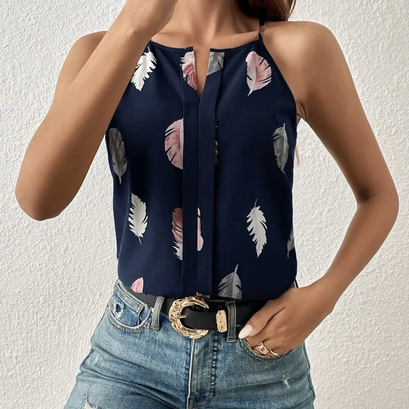 Women's Feather Print Notch V-neck Versatile Camisole Vest - SJB-DIAMOND ELITES