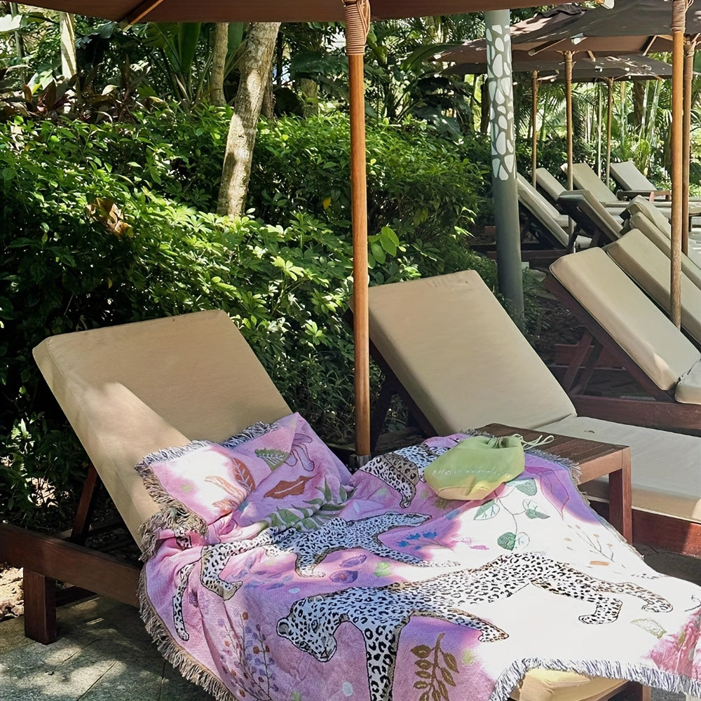 Bohemian Knitted Leopard Tassel Blanket, Suitable For Camping, Casual Picnic, Multifunctional Throw Blanket Lootquake LLC