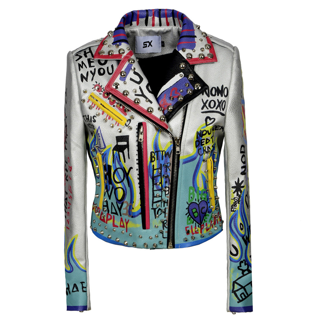 Fashion Graffiti Rivet Motorcycle Leather Women's Jacket Pi-Mart