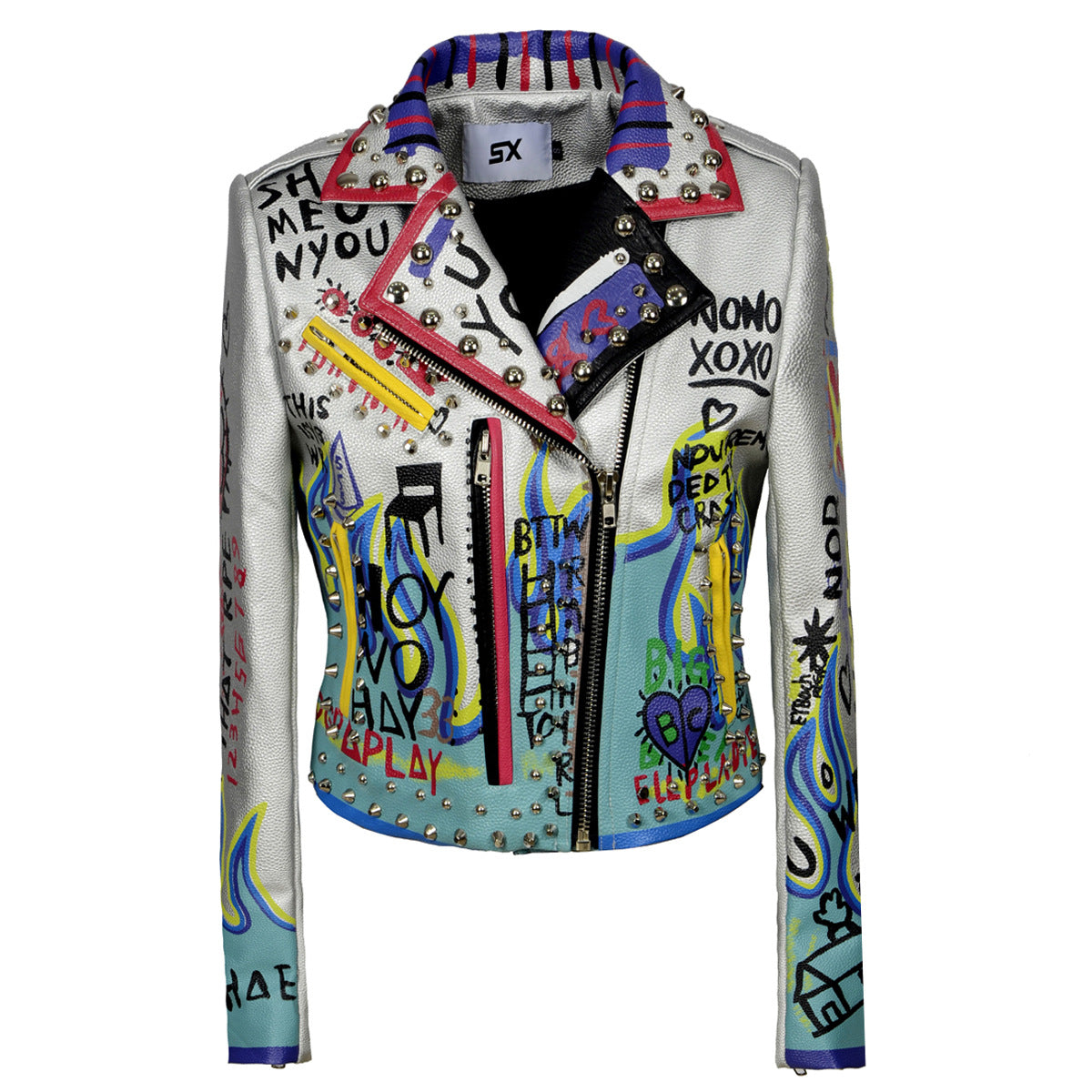 Fashion Graffiti Rivet Motorcycle Leather Women's Jacket Pi-Mart