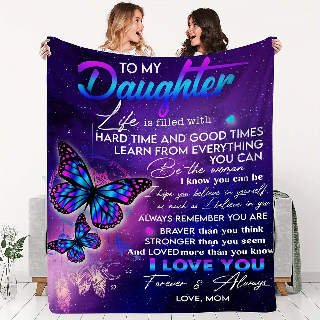 1pc To My Daughter Letter Blanket Mom Gifts For Daughter Colorful Butterfly Pattern Soft Blanket Flannel Blanket For Sofa Bed Lootquake LLC