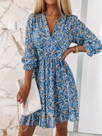 V-neck Printed Dress With Ruffled Waist, Exquisite And Elegant Design-perfect For Spring And Autumn. - SJB-DIAMOND ELITES