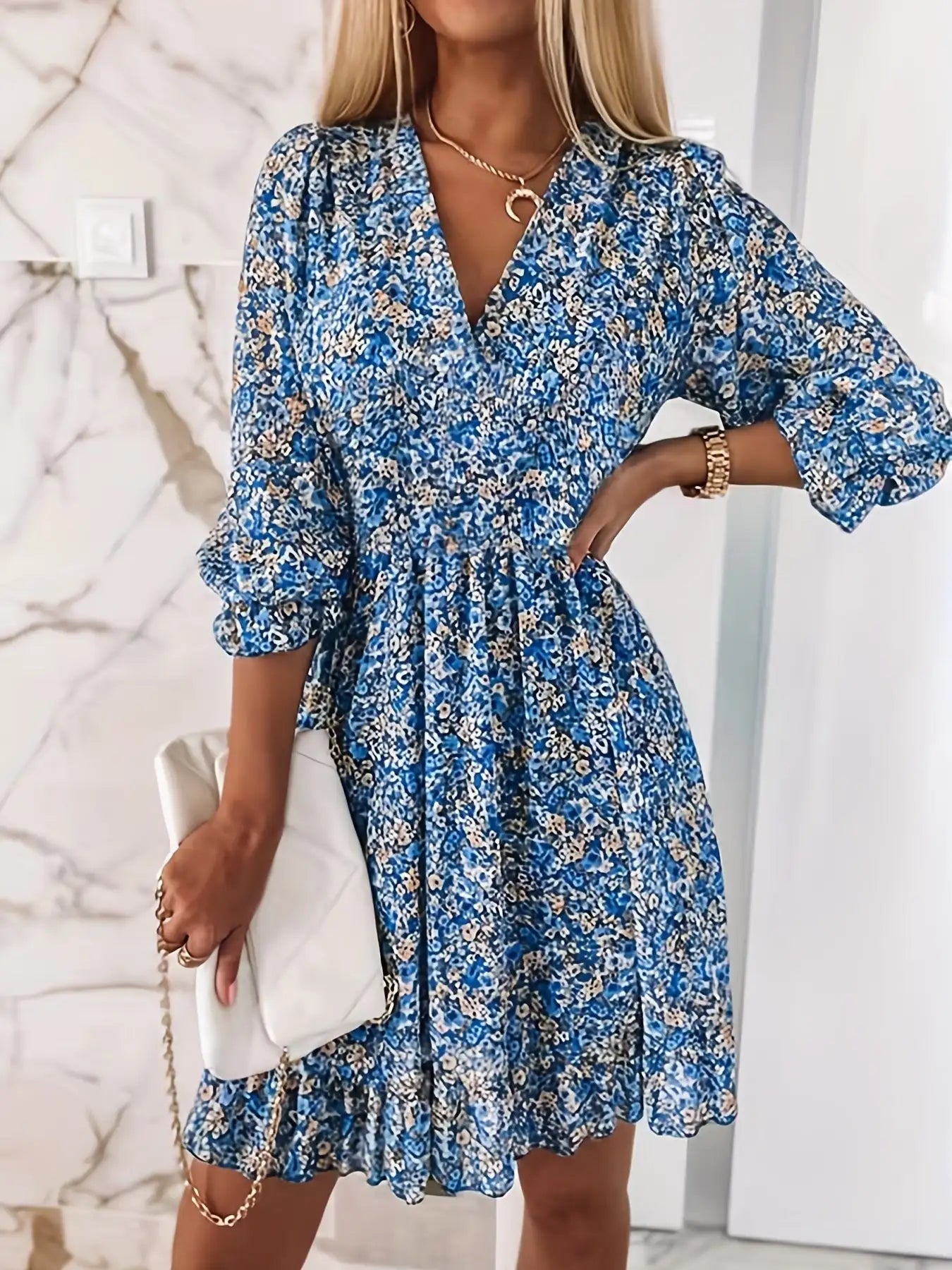 V-neck Printed Dress With Ruffled Waist, Exquisite And Elegant Design-perfect For Spring And Autumn. - SJB-DIAMOND ELITES