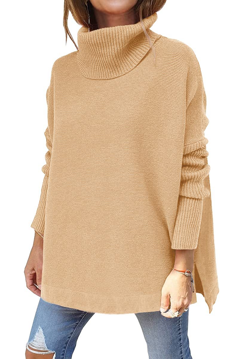 Turtleneck Sweater Mid Length Batwing Sleeve Slit Hem Tunic Pullover Sweaters Winter Tops Women Clothing Pi-Mart