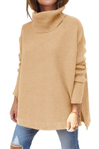 Turtleneck Sweater Mid Length Batwing Sleeve Slit Hem Tunic Pullover Sweaters Winter Tops Women Clothing Pi-Mart