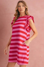 Black Stripe Flutter Sleeve Round Neck Shift Mini Dress
