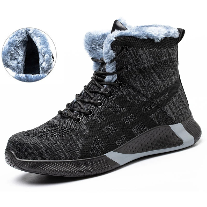 Winter Plush Boots Men Labor Protection Anti-smash Anti-puncture Work Shoes Warm Thickened Breathable Lace-up Safety Shoes Pi-Mart