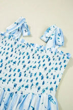 Sky Blue Floral Smocked A-Line Tie Straps Maxi Dress