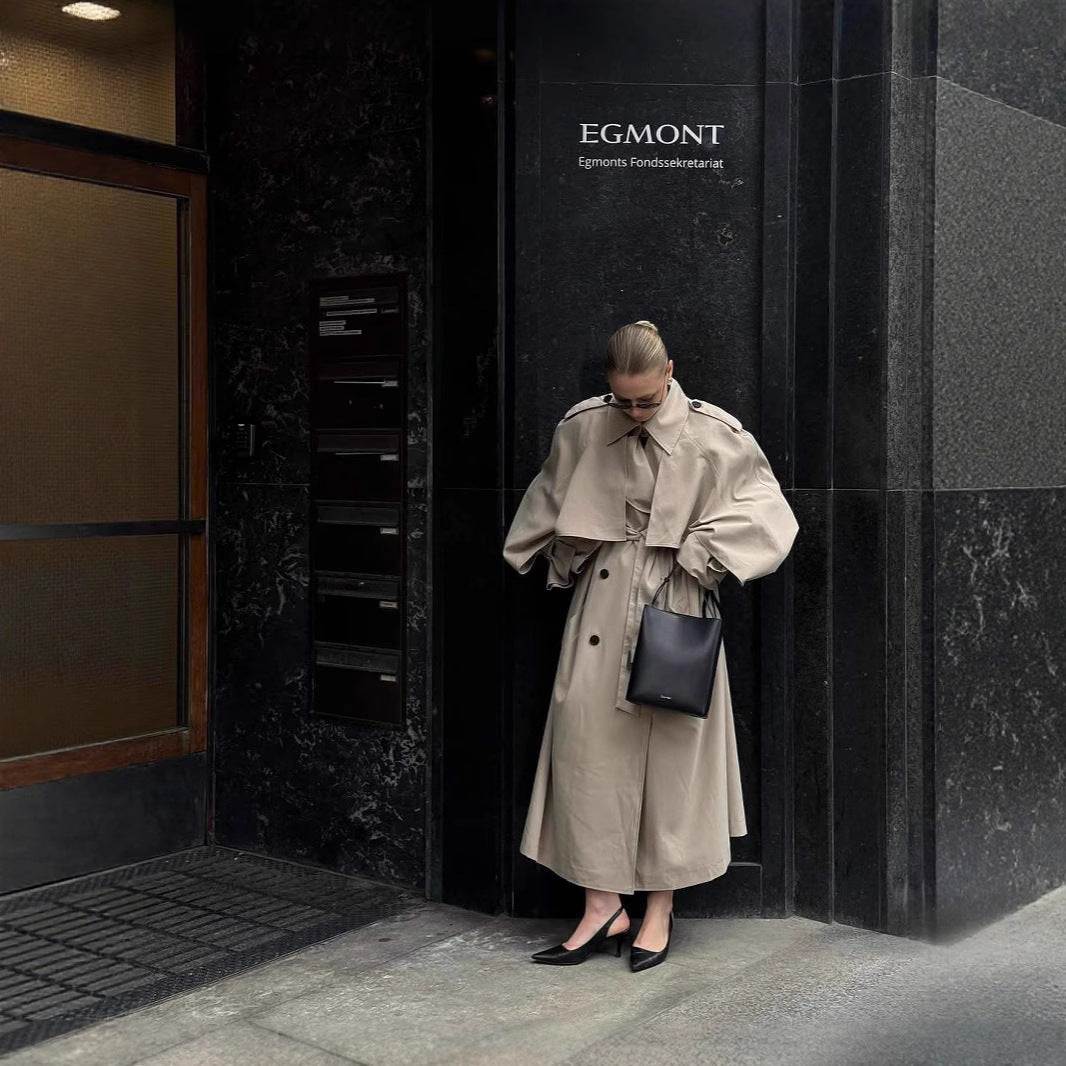 Women's Long Khaki Belted Cape Trench Coat Pi-Mart