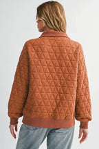 Brown Textured Zipper Neck Long Sleeve Pullover Sweatshirt - Femstylo