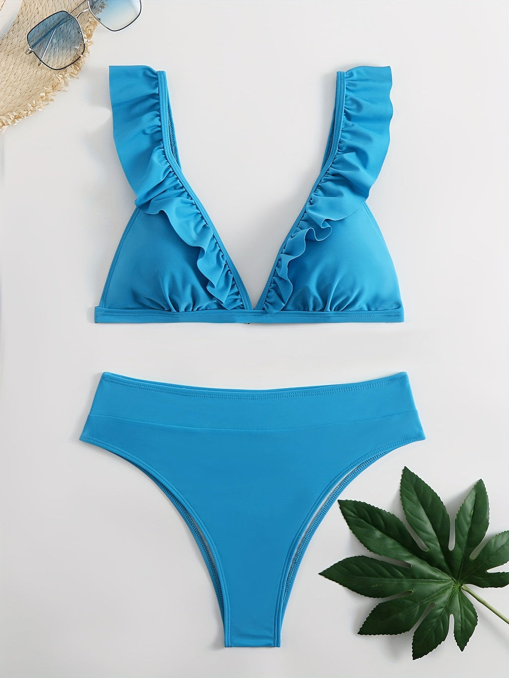 New Elegance Curve V-Neck Bikini Set – Sleek Solid Color High Waist Swimsuit with High-Cut Leg and Delicate Lettuce Trim – Stretch Comfort and Easy-Care Two-Piece Swimwear for Women’s Poolside Style Stevvex