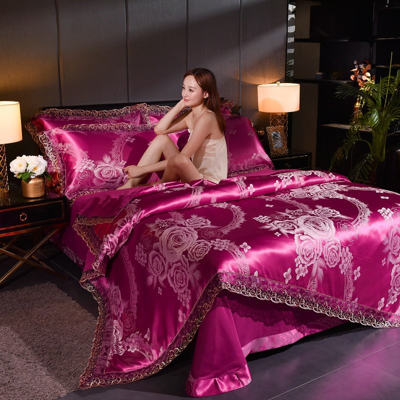 Cover Set Wedding Golden Jacquard Bedding Set Lace Flat Sheet Pillowcase 4pcs European Luxury Pi-Mart
