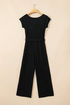 Black Checkered Mesh One Shoulder Short Sleeve Knotted Waist Jumpsuit