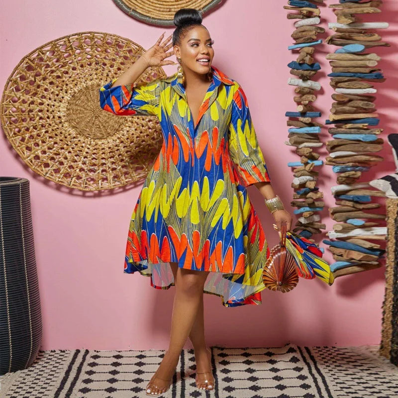 Women Sexy Fashion Printed Shirt Dresses Chic V Neck Loose Long Sleeve Dress Causal Vacation Female Mini Vestidos Robe Clothing Purplish Diva
