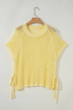 Pink Side Tie Hollow-out Crochet Knit Top