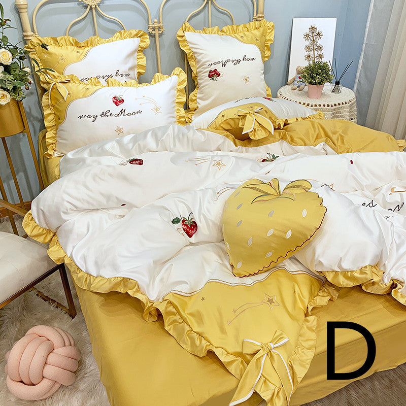 Strawberry Embroidery Cotton Four-Piece Cotton Bedding Silk Duvet Cover Pi-Mart