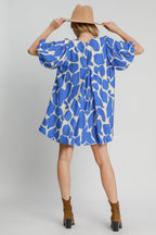 Blue Two Tone Abstract Print Puff Sleeve Dress Trendy Modern Print Dress for Women Summer Dress