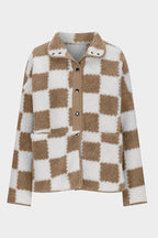 Elegant Checkered Snap Down Long Sleeve Teddy Jacket Soft & Warm Colorful Jacket Stevvex