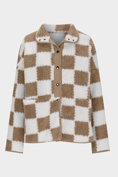 Elegant Checkered Snap Down Long Sleeve Teddy Jacket Soft & Warm Colorful Jacket Stevvex