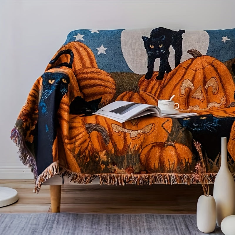 1pc Halloween Blanket Sofa Blanket Fringe Throw Blanket 100% Cotton Lightweight For Chair Sofa Couch Bed Cover Fit Home Cozy Knit Blankets Lootquake LLC