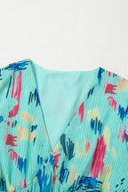 Sky Blue Abstract Print Short Puff Sleeve Tiered Maxi Dress