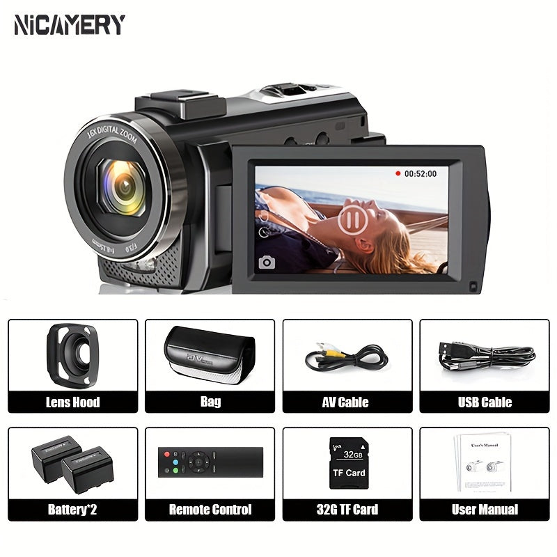 Nicamery 16x Efficient Zoom - 1080P HD Camera with Beauty Anti-Shake, External Microphone Support - Full HD 2400 Pixel Webcam Digital Camera with Remote Control, Lens Hood, 1000mah Batteries 2pcs, Ultra Long Life, 32G TF Card Lootquake LLC