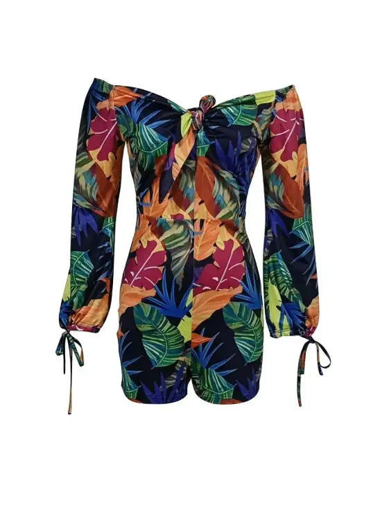 Ladies' Long Sleeved Vacation Elegant And Fashionable Plant Printed Cuffs With Drawstring Design, Chest Strap, Jumpsuit - SJB-DIAMOND ELITES