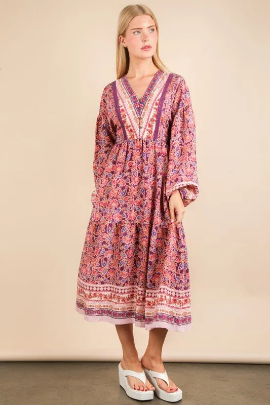 Floral Printed Boho V-Neck Balloon Sleeve Dress For Summer – Boho V-Neck Dress, Balloon Sleeve Dress, Floral Printed Dress, Feminine Boho Dress, Chic Summer Dress