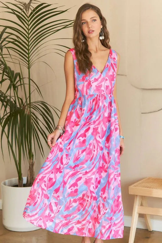 New Summer Abstract Floral V-Neck Maxi Dress – Elegant, Artistic Print, Flattering Silhouette, Sophisticated Glamour Stevvex