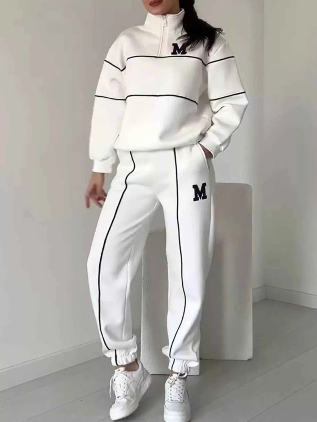 Full Size Striped Quarter Zip Top and Pants Set Plus Size THRIXINE