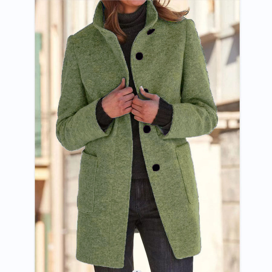 Fashion Stand Collar Woolen Coat With Pockets Fall Winter Casual Button Outwear For Women Clothing Pi-Mart
