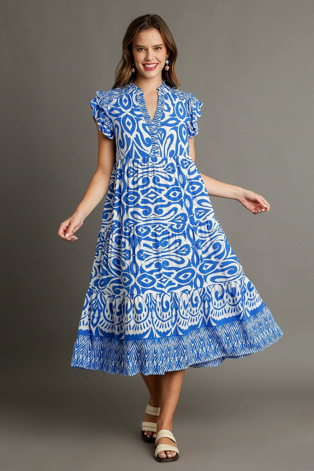 Blue Full Size Two-Tone Print Ruffle Cap Sleeve Midi Dress Plus Size Statement Piece Dress Stevvex