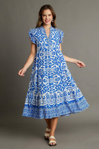 Blue Full Size Two-Tone Print Ruffle Cap Sleeve Midi Dress Plus Size Statement Piece Dress Stevvex