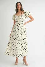 Polka Dot Puff Sleeve Midi Dress For Women – Vintage Fluttering Polka Dot Dress, Feminine Puff Sleeve Dress, Retro Midi Dress, Classic Chic Dress