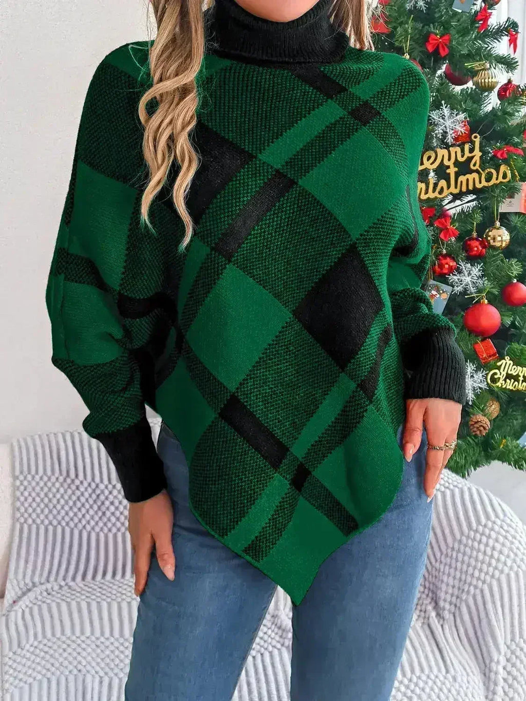 Plaid Turtleneck Batwing Sleeve Sweater - SJB-DIAMOND ELITES