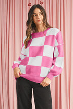 Dark Brown Plaid Bishop Sleeve Pullover Sweater
