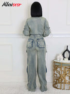 Mlaiscsr Vintage Stretch Denim 2 Piece Pants Sets Women Zip Slim Jackets and Pocket Cargo Jeans Outfit Streetwear Winter Suits Purplish Diva