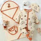 Baby Girl Romper Cute Bear Print Outfits, One-piece Romper + Hat + Baby Bib + Baby Blanket Four-piece Indoor And Outdoor Set Lootquake LLC