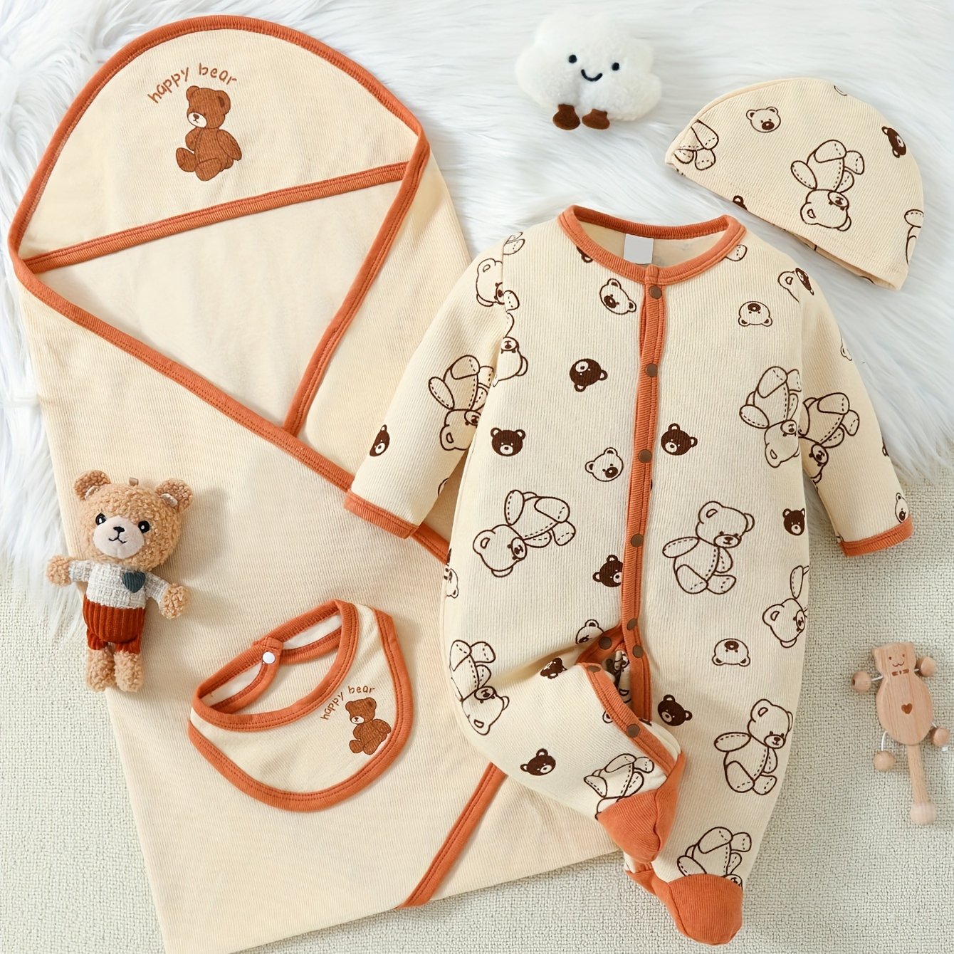 Baby Girl Romper Cute Bear Print Outfits, One-piece Romper + Hat + Baby Bib + Baby Blanket Four-piece Indoor And Outdoor Set Lootquake LLC