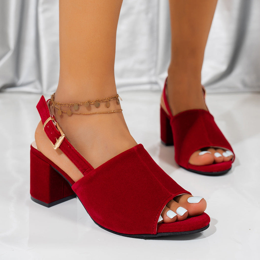 Women's Chunky Heel High Heel Matte Leather Buckle Open Toe Sandals Pi-Mart