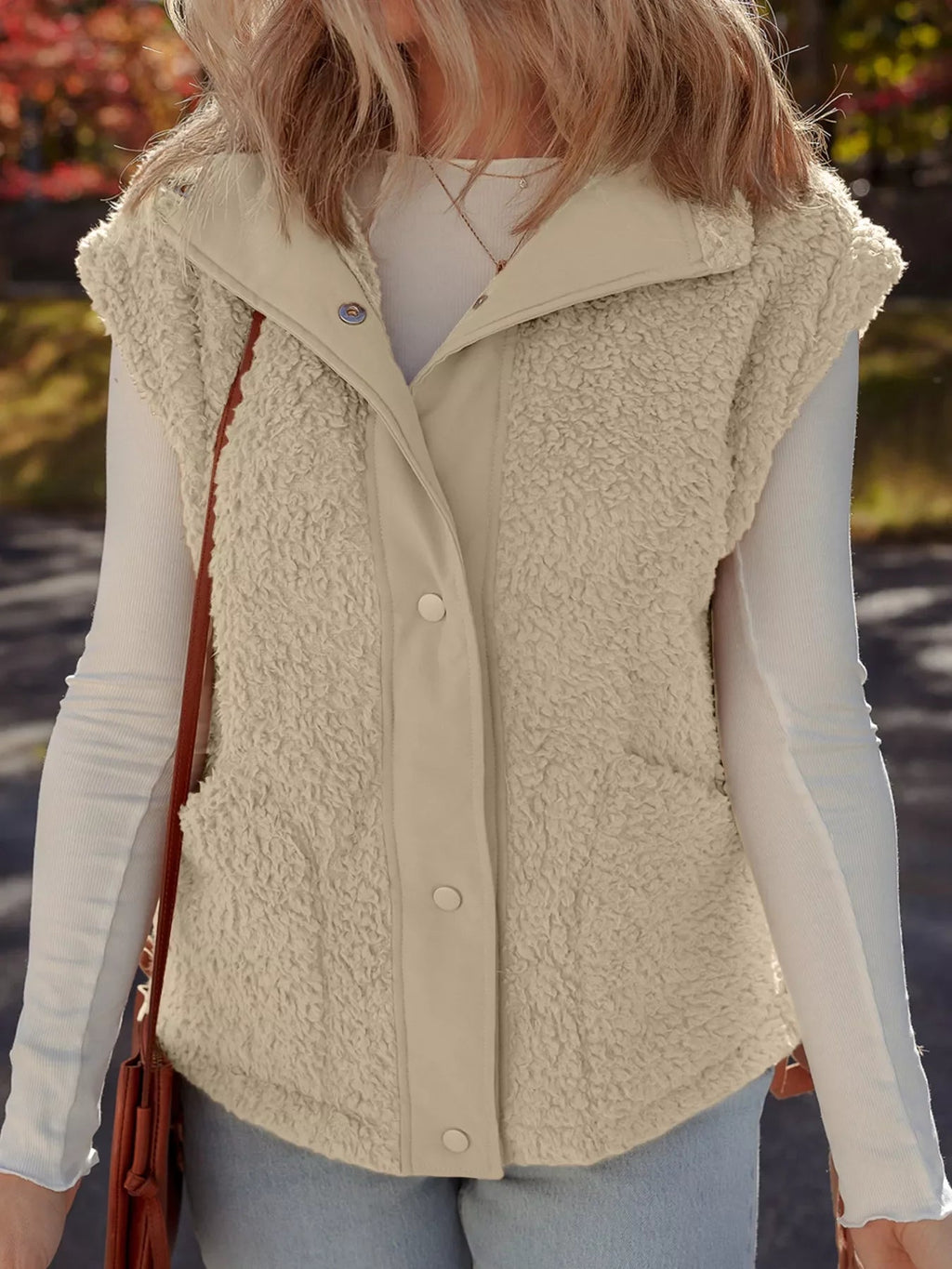 Faux Fur Snap Button Front Knot Side Plush Vest THRIXINE