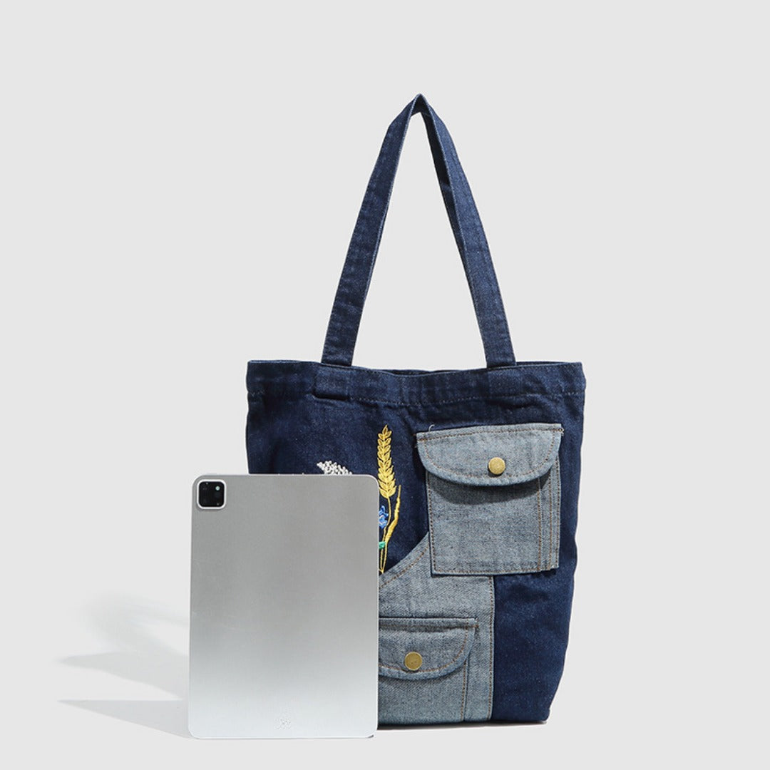 Shoulder denim bag, wheat ear embroidery splicing shoulder bag, vintage tote bag, fashion shopping bag - SJB-DIAMOND ELITES