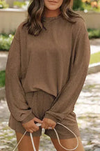 Parchment Corded Knit Long Sleeve Top and High Waist Shorts Set