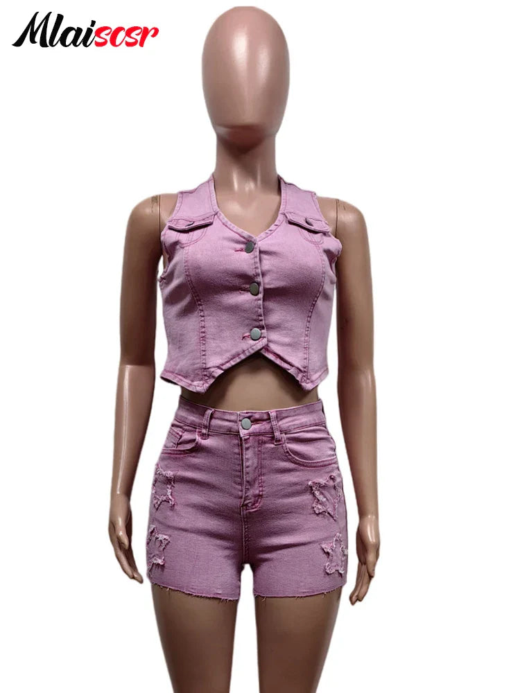 Mlaiscsr Pink Stretch Denim Sexy 2 Piece Club Outfit Women Sets V-Neck Vest Crop Tops and Embroidered Shorts Suit Y2k Streetwear Purplish Diva