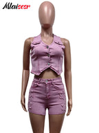 Mlaiscsr Pink Stretch Denim Sexy 2 Piece Club Outfit Women Sets V-Neck Vest Crop Tops and Embroidered Shorts Suit Y2k Streetwear Purplish Diva