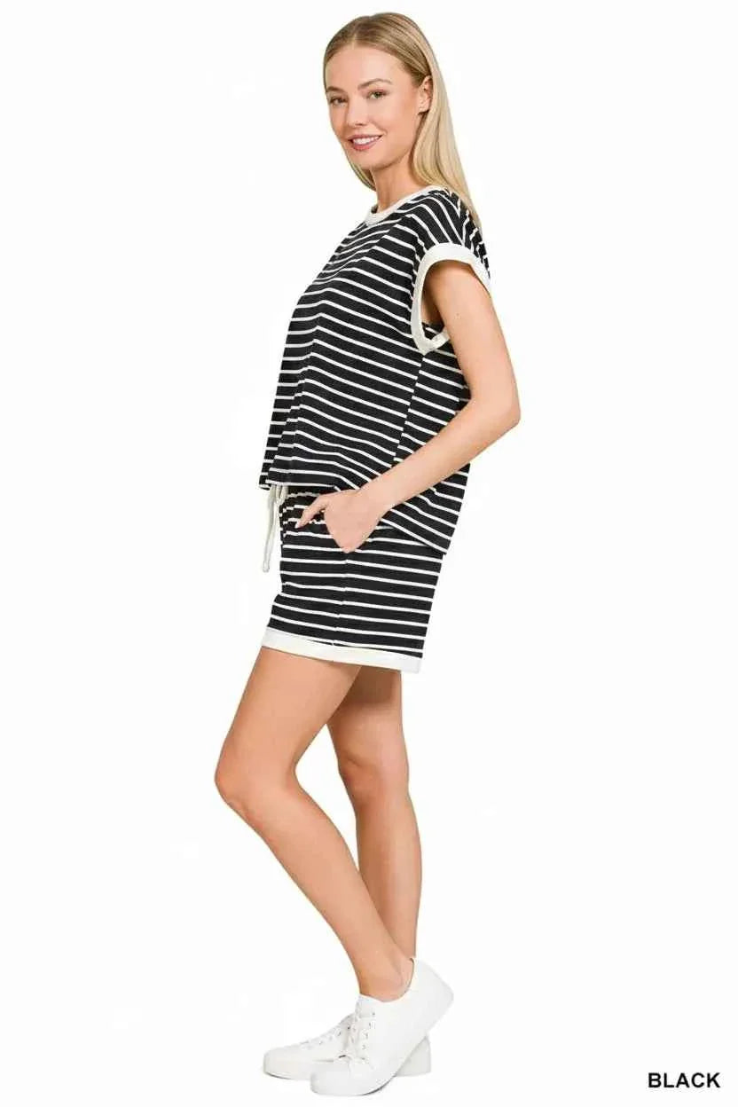 Zenana Stripe Contrast Trim Top & Shorts Set THRIXINE