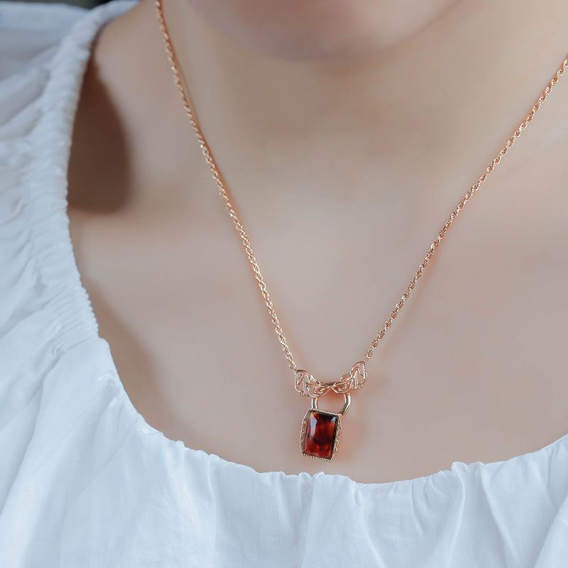 Amber Leaf Carving S925 Sterling Silver Gold-plated Pendant Female Pi-Mart